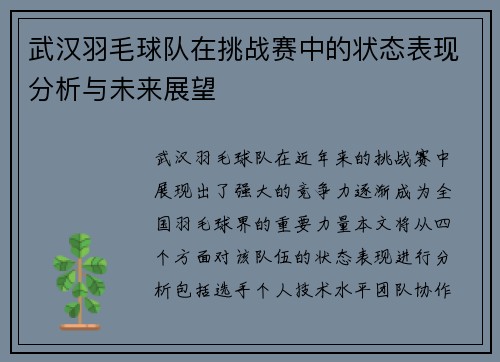 武汉羽毛球队在挑战赛中的状态表现分析与未来展望